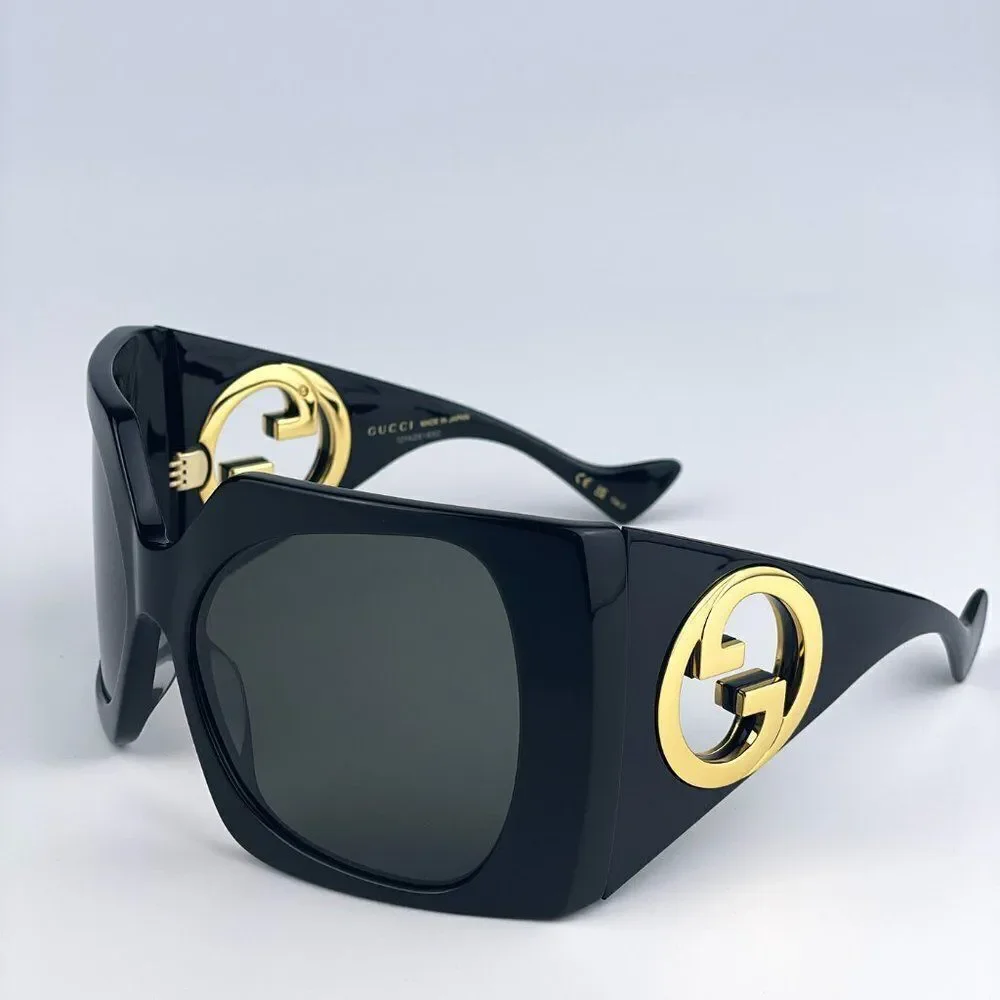 NEW Gucci GG1255S 001 Black Grey Wraparound Oversized Women Sunglasses
